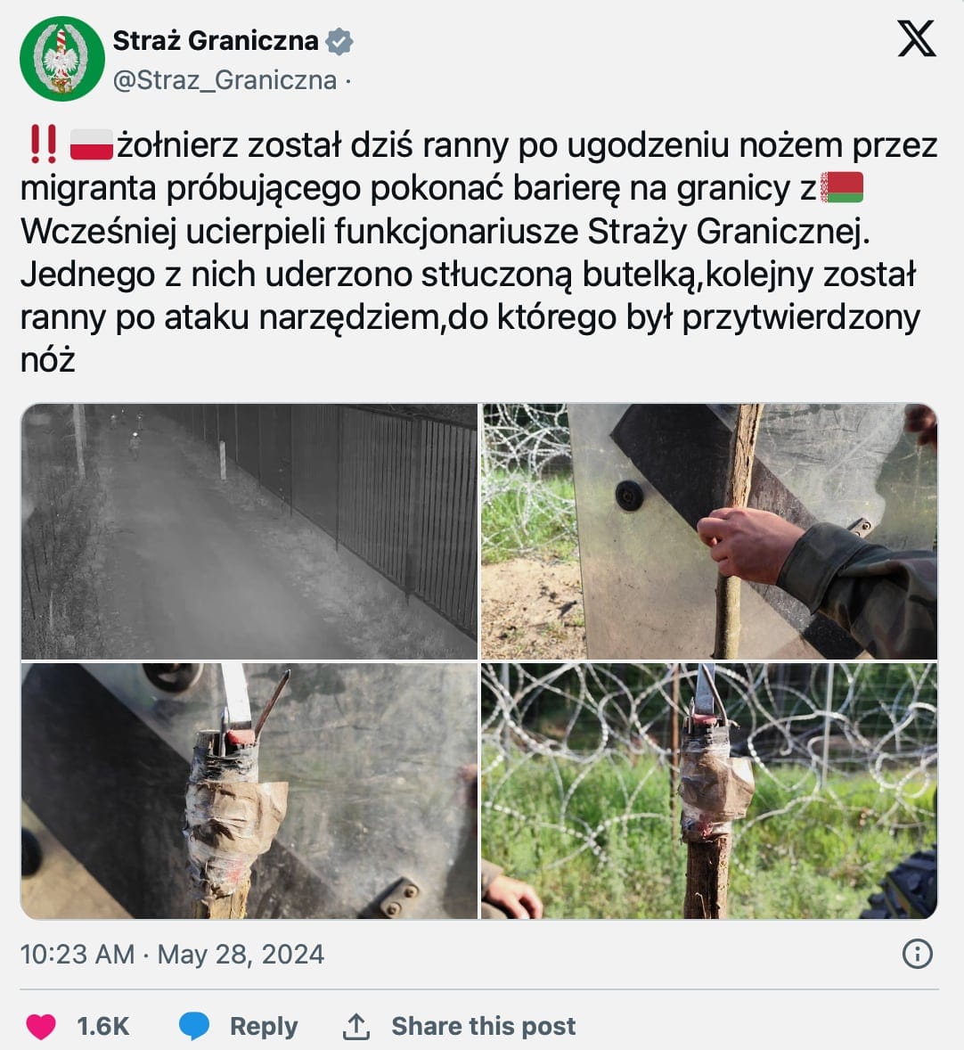 Straż Graniczna na Twitterze poinformowała:
"Żołnierz został dziś ranny po ugodzeniu nożem przez migranta próbującego pokonać barierę na granicy z Białorusią. Wcześniej ucierpieli funkcjonariusze Straży Granicznej. Jednego z nich uderzono stłuczoną butelką, kolejny został ranny po ataku narzędziem, do którego był przytwierdzony nóż."
Post zawiera zdjęcia ilustrujące incydent, w tym uszkodzoną barierę oraz improwizowane narzędzia użyte do ataku.