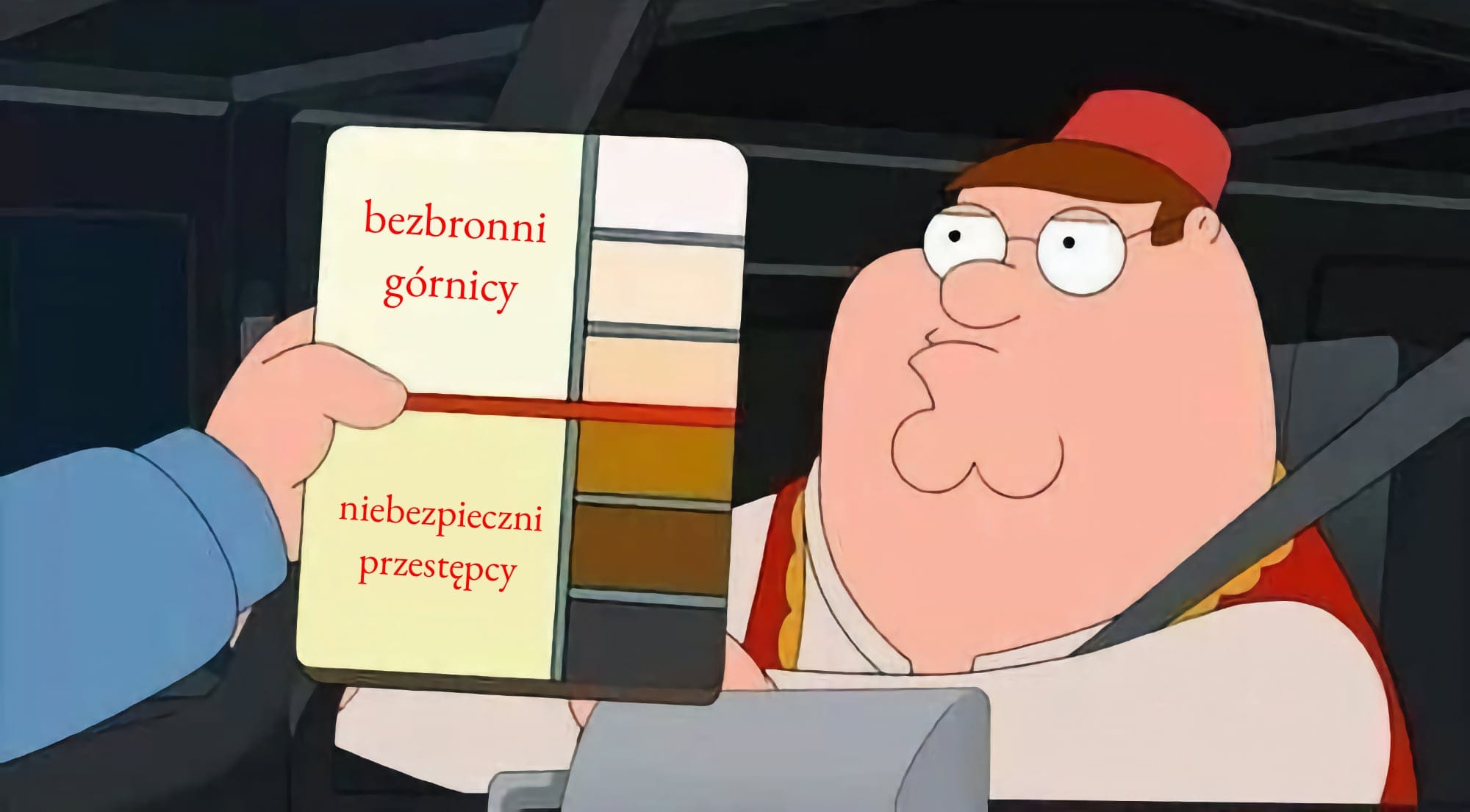 Na obrazku przedstawiono mem z postacią Petera Griffina z serialu "Family Guy", który trzyma paletę barw. Na palecie znajdują się dwa napisy:
"bezbronni górnicy" przy jaśniejszym odcieniu.
"niebezpieczni przestępcy" przy ciemniejszym odcieniu.
Mem ten sugeruje ocenianie ludzi na podstawie koloru skóry lub wyglądu, co odnosi się do uprzedzeń i stereotypów rasowych.